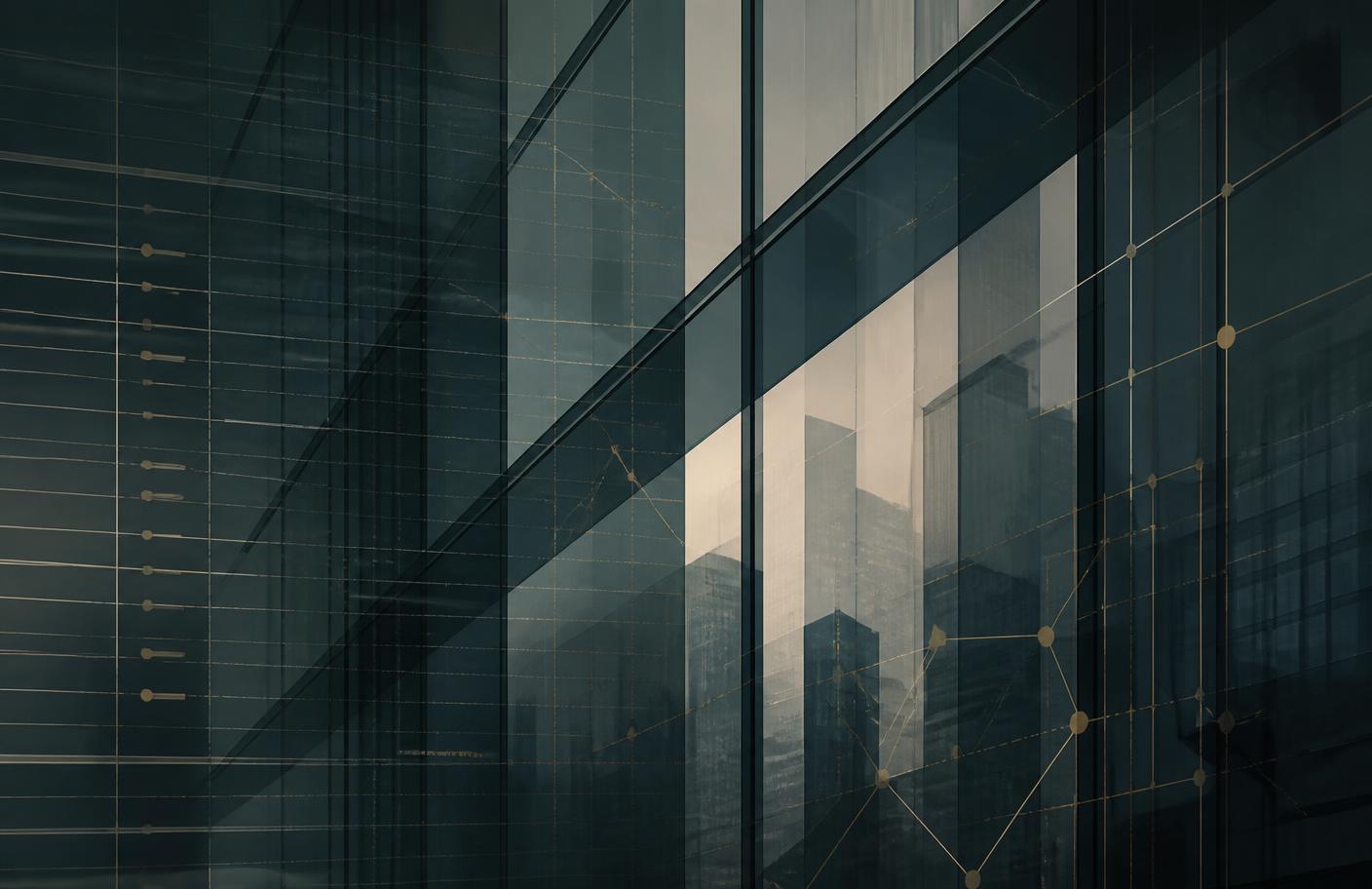 Financial structures mapped across architectural glass