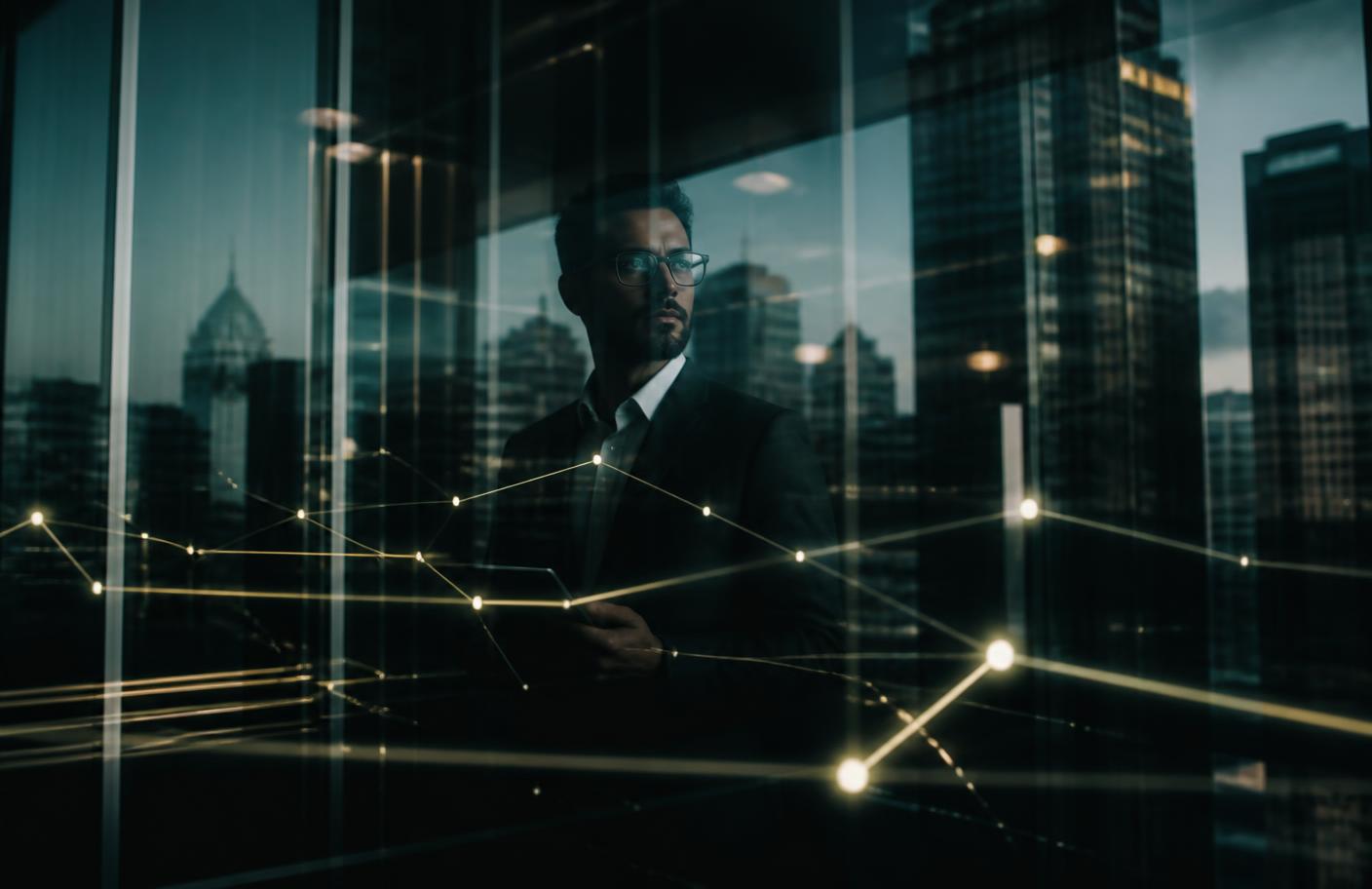Transaction pathways reflected across city glass
